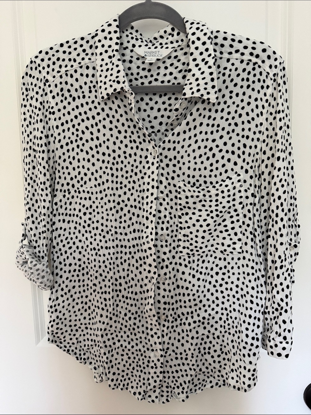 Market & Spruce White Button-Down Shirt with Black Polka Dots